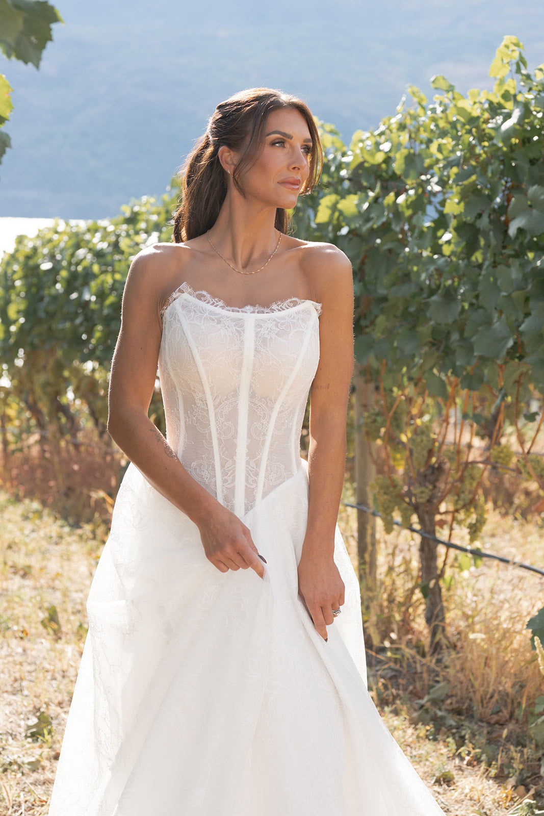 Woman in a white Basque Waist Lace Strapless Wedding Dress with Cat-Eye Neckline Amanti Contessa wedding dress standing in a vineyard.  Le Reve Boutique, Edmonton Alberta