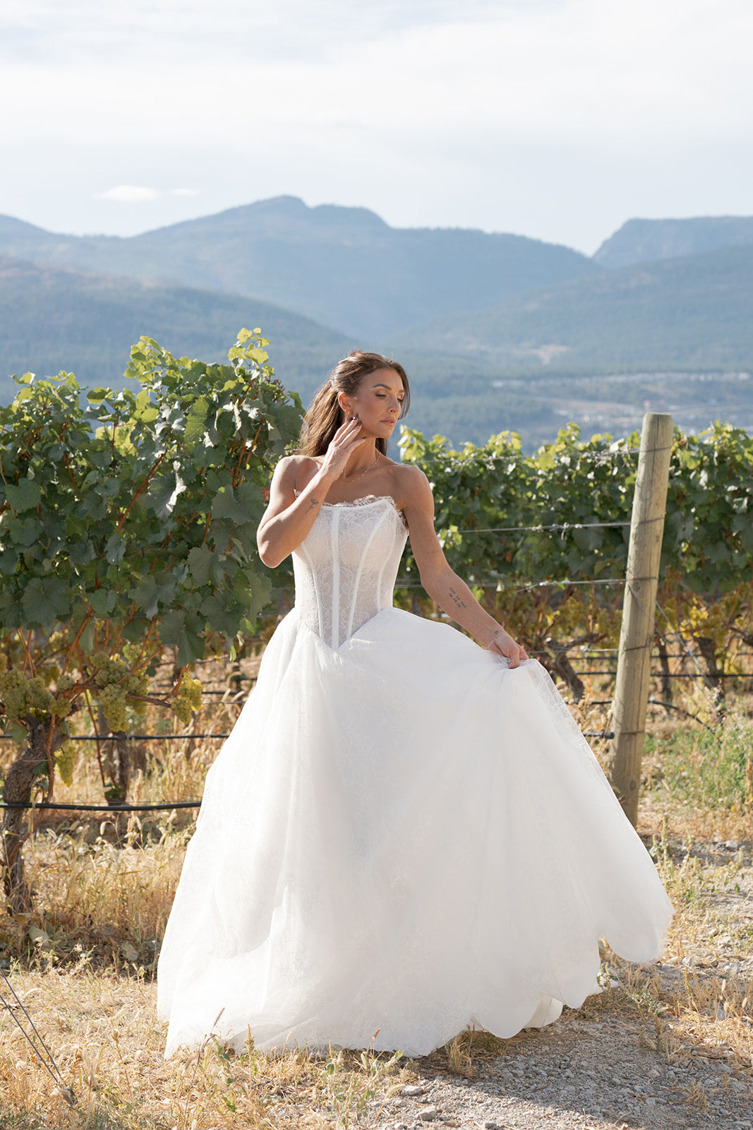 Woman in a white Amanti Contessa wedding dress  with a Basque waistline for a flattering, elongated shape standing in a vineyard with mountains in the background.  Le Reve Boutique
