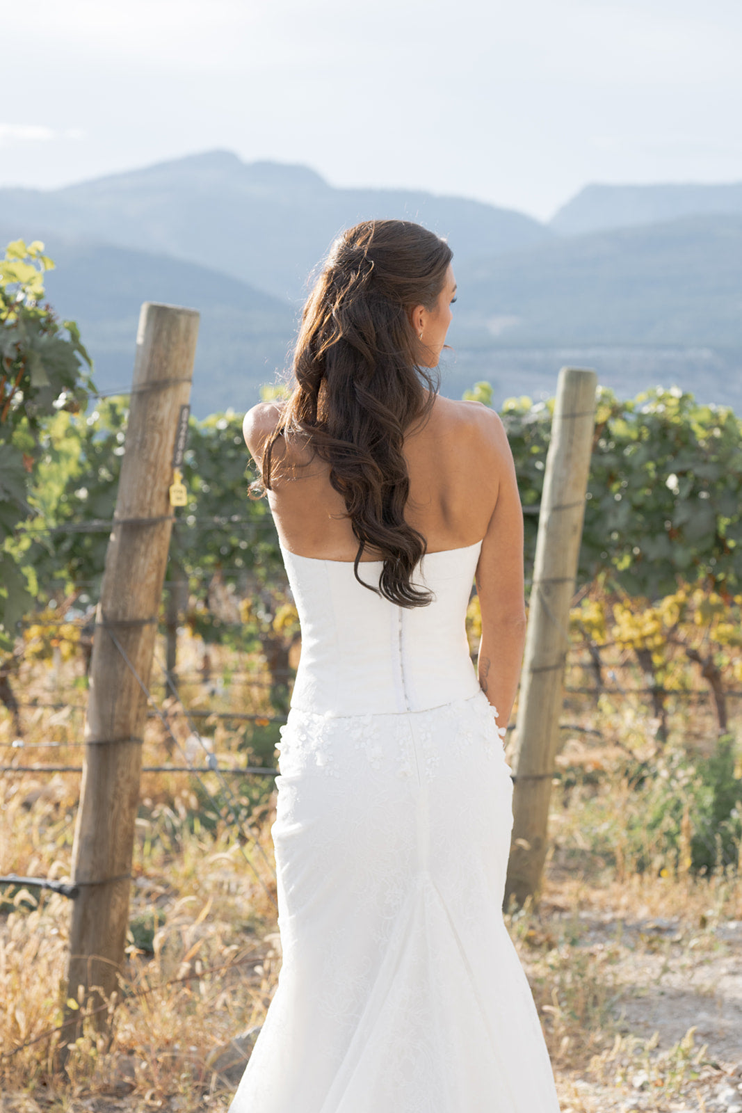Woman in a white dress with Hook-and-eye back closure standing in a vineyard with mountains in the background.  Amanti by Le Reve Boutique. Edmonton, Alberta