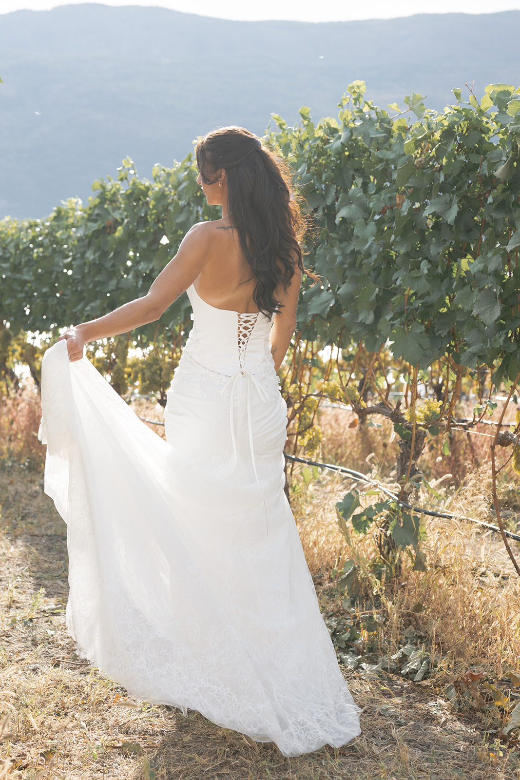 Woman in a white Lace-up corset back for a secure, adjustable fit Amanti Fiorina Set Wedding dress standing in a vineyard with mountains in the background. Le Reve Boutique