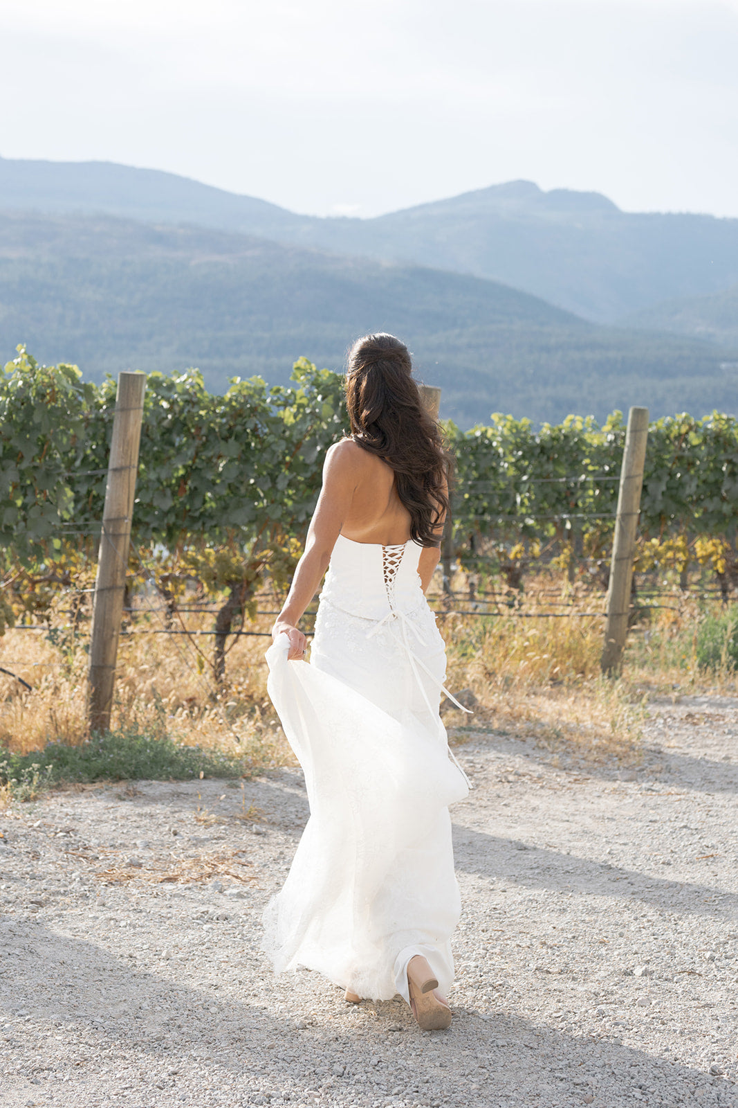 Woman in an Amanti Fiorina Set white wedding dress standing in a vineyard with mountains in the background.  The skirt is crafted in delicate floral Chantilly lace, flowing gracefully to the floor with soft movement and dimension. Together, the pieces create a look that feels fresh, stylish, and unforgettable — perfect for the bride who loves classic bridal style with a fashion-forward edge. Le Reve Boutique St. Albert, Alberta